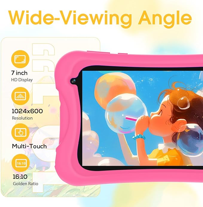 Digliand 7" Android Kids Tablet, Android 13, Quad-core Processor, 4GB+32GB, Pre-Installed Educational Apps, 2MP+5MP Dual Cameras, 3000mAh Battery, Shockproof Protective Case (Pink)