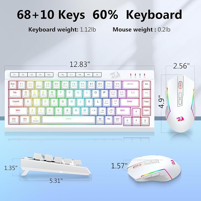 Redragon Wireless Gaming Keyboard and Mouse Combo, Bluetooth/2.4G/USB-C Wired, RGB Backlit, 60% Portable Quiet Rechargeable Macro Membrane Keyboard & 12800 DPI Mouse for Win/MAC, White