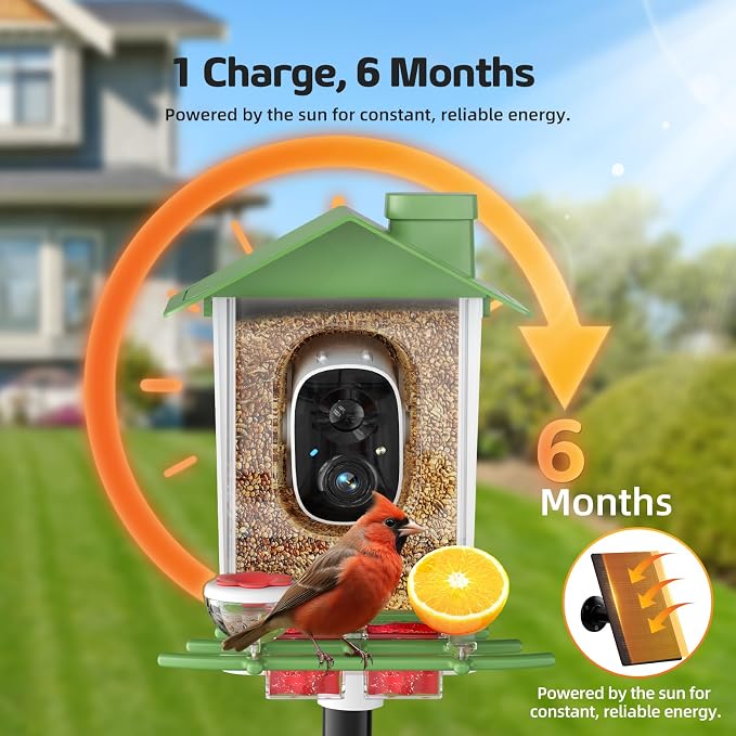 Bird Feeder with Camera, 2K HD Smart Birds Feeder with Solar Panel, AI Bird-Recognition, Instant Motion Alerts, Auto Capture BirdVideos, Outdoor Birdhouse Feeder Gift for Bird Lovers