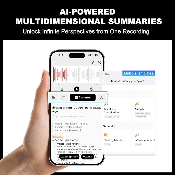 AI Voice Recorder Designed as Magnetic Phone Stand, Real-Time Transcription in 100+ Languages, Smart Digital Audio Recorder Transcribe & Summarize Note Taker Lectures Meetings (Space Gray)