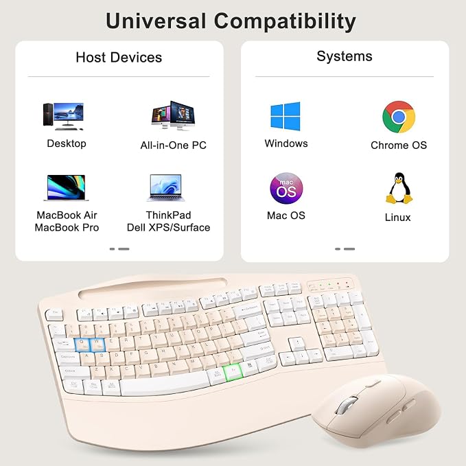 Wireless Keyboard and Mouse Combo, 2.4G Full Size Wave Keys Ergonomic Keyboard with Wrist Rest, Phone Holder, 3-Level DPI Wireless Silent Mouse with 6-Buttons, for Windows (Milk Tea-A)