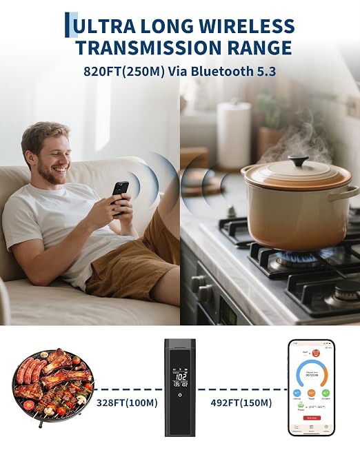 Garvee Smart Bluetooth Wireless Meat Thermometer, Long-Range Food Thermometer with Wireless Probe, Standalone Display Base, Dual Sensors, Perfect for BBQ, Oven, Smoker, Grill