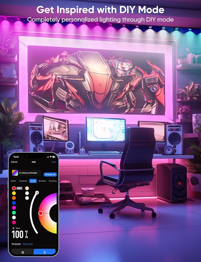 APPECK String Downlights Indoor, 30ft Smart Wall Backlight for Bedroom with 30 Led Lights, 111 Scene Modes, Music Sync Color Changing Deocrative Lighting for Party, Kids Room, Works with Alexa/Google