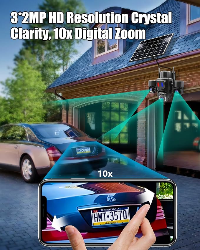 Triple Lens Solar Camera Wireless Outdoor for Home Security | Triple Lens Linkage PTZ 360º Coverage,10x Digital Zoom,PIR Detection & Auto Tracking,Two-Way Audio Talk, No Subscription Fee
