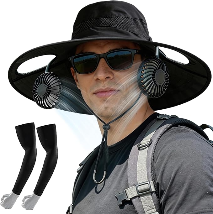 Sun Hat with Fan for Men & Women, Bucket Hat with Fan, UPF 50+ Cooling Hat with Sunblock Sleeves for Fishing,Hiking