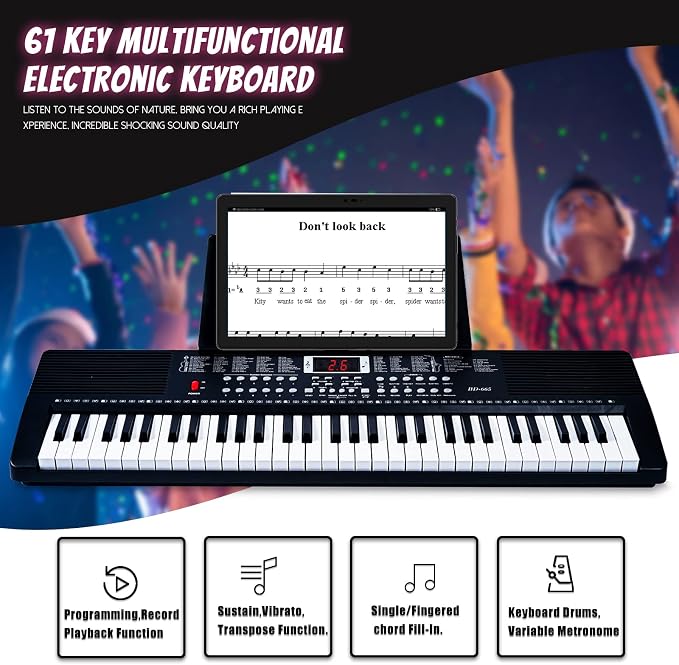 61 Key Keyboard Piano for Beginners with Lighted Keys & Pro Teaching Modes,Includes Stand, Bench, Microphone, Music Stand,70 Demos, 200 Rhythms/Tones, Gift for Beginners