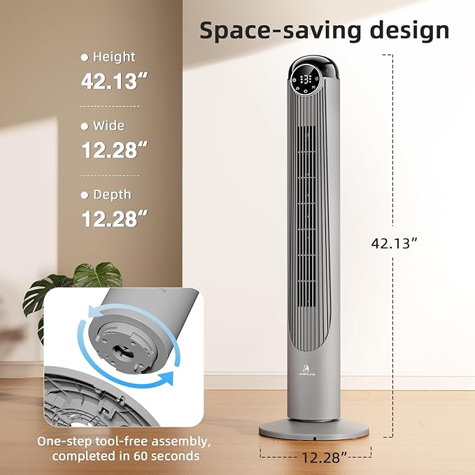 Antarctic Star T42 Tower Fan-42 Inch, Bladeless Oscillating Fan with Remote, 6 Speeds & 4 Modes, LED Display, 9H Timer, Quiet Floor Standing Fan for Bedroom Living Room Office, Grey