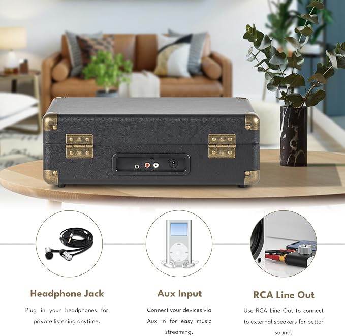 Vinyl Record Player 3-Speed Bluetooth Portable Turntable with USB Playback, Rechargeable Battery, Retro Suitcase Design, Aux in/RCA Line Out & Headphone Jack