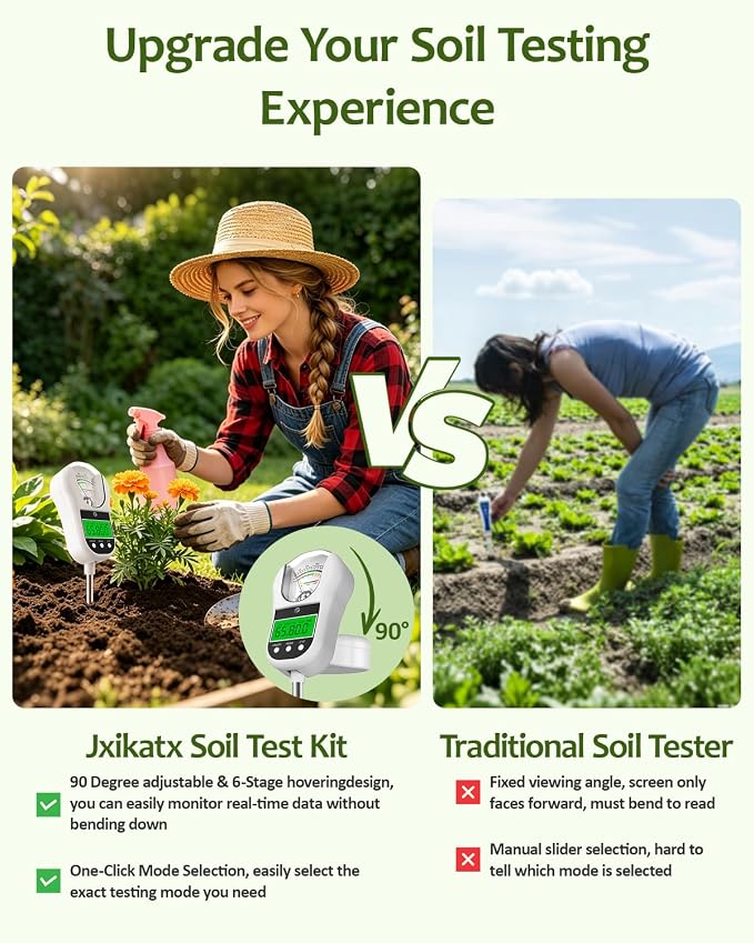 7-in-1 Soil Test Kit, Soil Moisture Meter/pH Meter/Light Intensity/Fertility/Air & Soil Hygrometer Temperature with Large Dual Display for Garden,Lawn, Farm, Indoor Outdoor Plants-Warm White