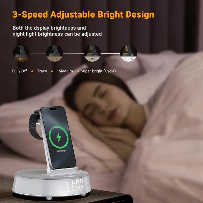 Alarm Clock with Wireless Charging Station, Clock for Bedroom with Night Light Bluetooth Speaker, Wireless Charger Dock Station for iPhone 17 16 15 14 13 12 Pro Max, Apple Watch 11, AirPods 3 (White)