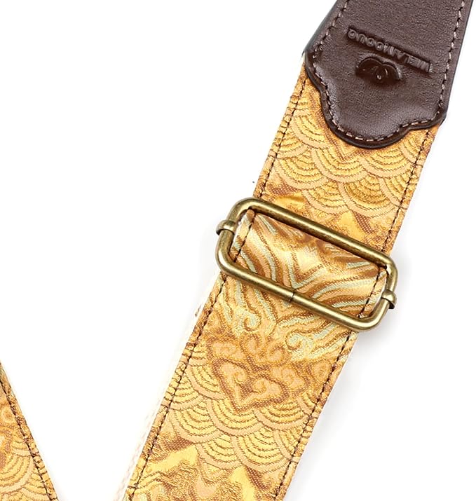 Guitar Strap, Electric& Acoustic Bass Guitar Straps,Embroidered Filament with Head Cowhide Leather Strap, with Free Strap Button,2 Guitar Strap Locks，4Guitar Pick (Gold Water Pattern)