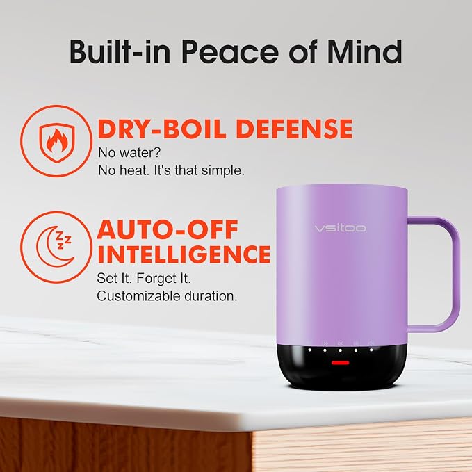 Vsitoo S3 Pro 16oz Smart Self Heating Coffee Mug, Heated Coffee Mug with AI Auto-Sensing Temperature Control, 120-150℉ Rechargeable Smart Mug Warmer, IPX7 Waterproof, Gift for Men Women, Purple