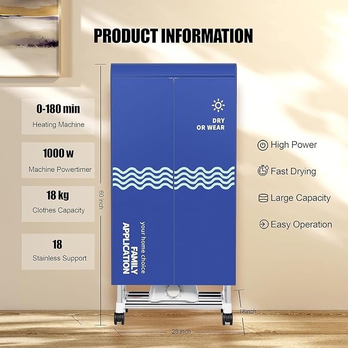 Clothes Dryer, Portable Drying Machine with Timer, 60inch Laundry Drying Wardrobe with Large Capacity, Electric Dryer/Rack for Home | Appartments (Blue UE5)