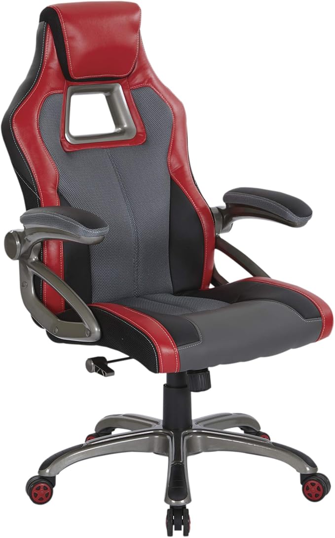 OSP Home Furnishings Race Car Adjustable Gaming Chair, Charcoal Grey Bonded Leather with Red Accents