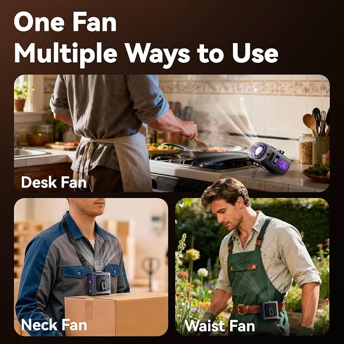 Clip-On Portable Waist Fan, 8000mAh Rechargeable Personal Cooling Belt, 14000RPM 5-Speed Quiet with LED Light & 24-Hour Battery, Outdoor Wearable Fan for Construction Jobsite Camping Travel Gardening