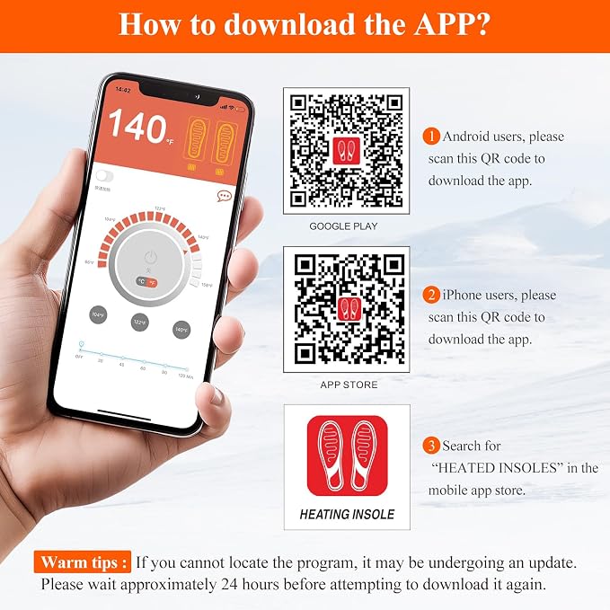 App-Controlled Heated Insoles for Men & Women, Rechargeable 5000mAh Battery, 4 Custom Heat Settings, Foot Warmers for Skiing, Hunting, Winter Work (L (8-12))