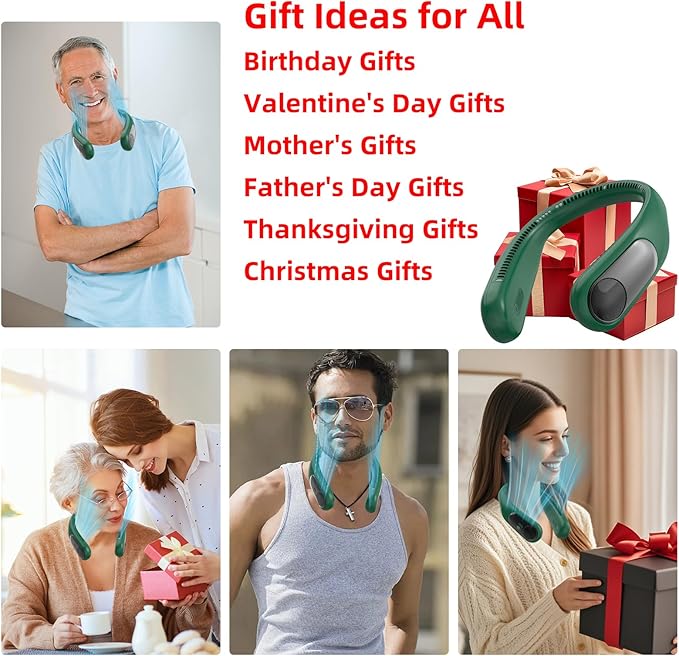 Portable Neck Fan, Personal Wearable Bladeless Fan for Outdoor Indoor, LED Display, 360° Cooling, 4-Speeds, 6000mAh USB Rechargeable, Birthday Gifts for Men Women Dad Mom (Dark green)