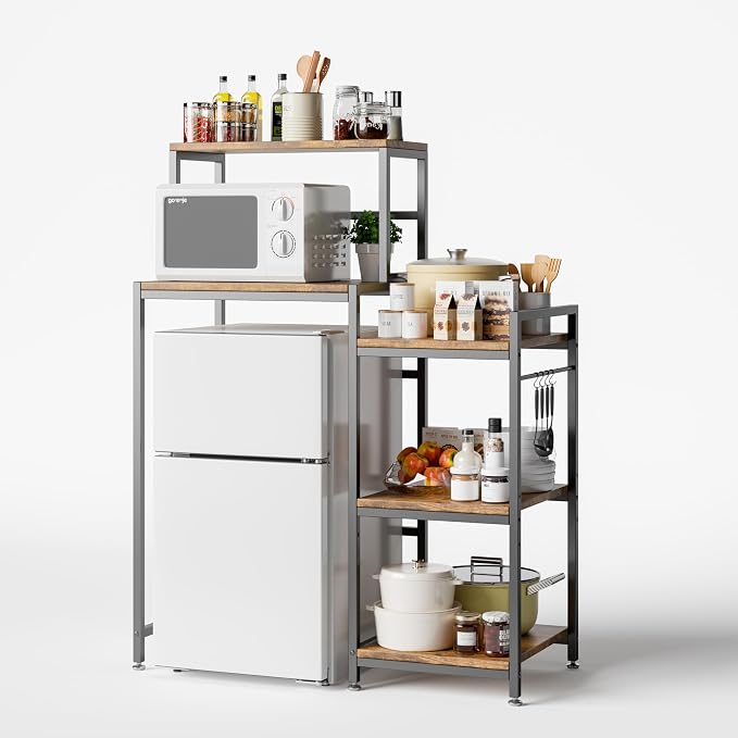 COCOLUCKY 6-Tier Mini Fridge Stand with Storage Shelf.Asymmetric 2-in-1 Design:Wide Side for Fridge+Microwave,Narrow Side for Spices & Utensils,Coffee Bar,Baker Rack for Dorm Kitchen,Vintage Brown