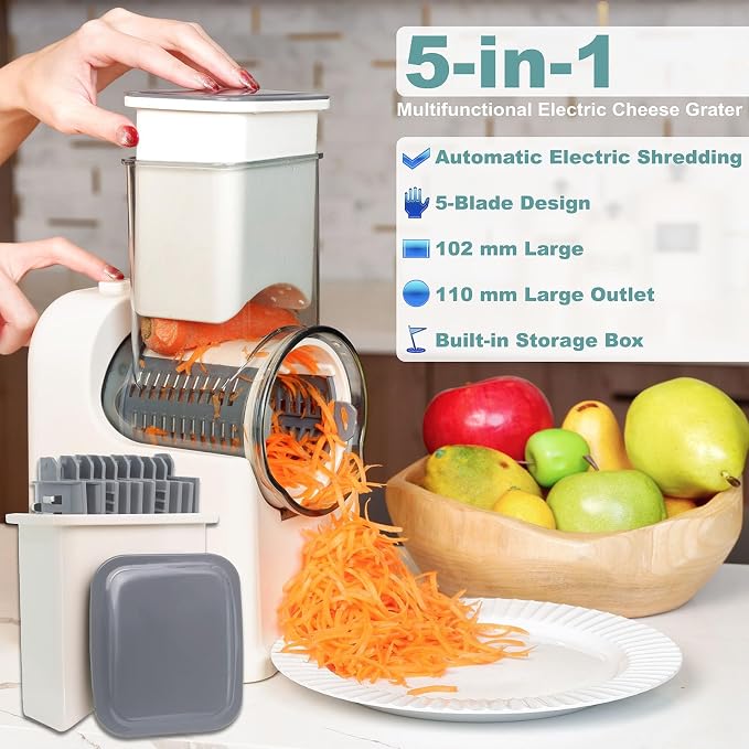 Electric Cheese Grater, Salad Maker With 5 Different Shapes of Blades, One-Touch Easy Control, With Safety Push Bar Cheese Grater Electric, Salad Shooter Electric Slicer/Shredder