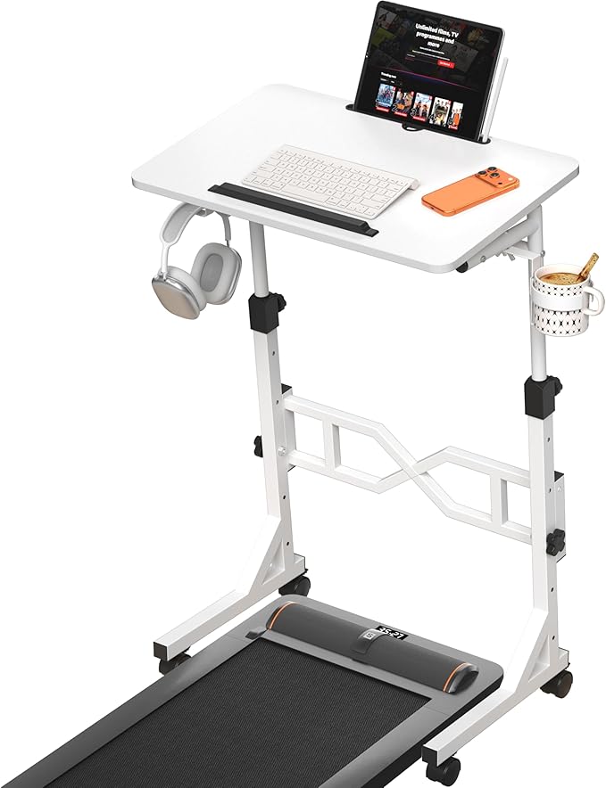 Oransail Small Standing Desk with Wheels, 29.5-45.3 Inch Adjustable Height, Portable Treadmill Desk, Rolling Computer Table for Walking Pad with a Cup Holder and a Hook