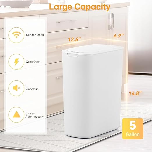 Bathroom Trash Can with Lid 5 Gallon White Motion Senor Touchless Automatic Garbage Cans for Kitchen,Bedroom, Office, Living Room
