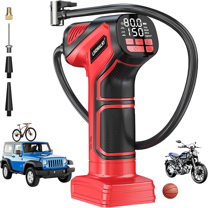 Tire Inflator Portable Air Compressor Compatible With Milwaukee 18V Battery, LIVOWALNY 150PSI Air Pump Cordless Tire Pump Digital Pressure Gauge, Tire Inflator for Car, Bike, Motorcycle (Tool Only)