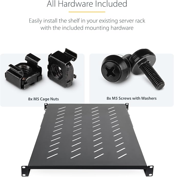 StarTech.com 1U 4-Post Server Rack Shelf, Vented, Adjustable Mounting Depth (28-34.4in/71.1-87.3cm), 150lb (68kg) Capacity, Black