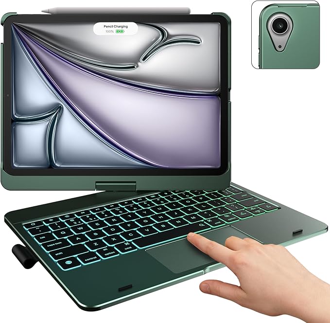 typecase Touch Keyboard Case with Trackpad for iPad Air 11-inch (M3 2025 / M2 2024):360°Rotatable - 11 Colors Backlight - Wireless Keyboard with Pencil Holder for iPad Air 5th & 4th Gen,Midnight Green