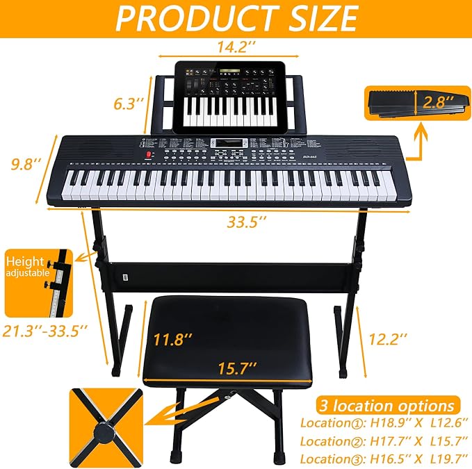 61 Key Keyboard Piano for Beginners with Lighted Keys & Pro Teaching Modes,Includes Stand, Bench, Microphone, Music Stand,70 Demos, 200 Rhythms/Tones, Gift for Beginners