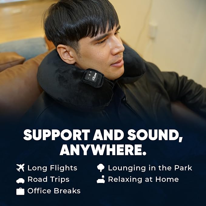 Bluetooth Music U Shaped Neck Pillow Wireless Bluetooth Speaker Memory Foam Suitable Airplane,Bus,Train,Car,Office,and Outdoor Camping The Best Travel Essentials. (Black)