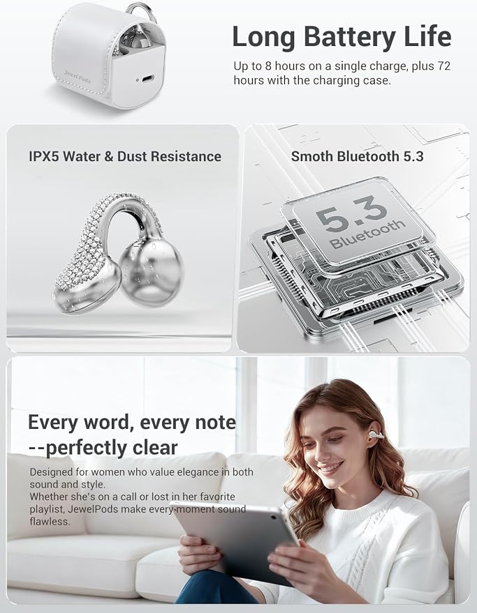 JewelPods C01 Pro Open Ear Headphones, Luxury Jewelry Wireless Earbuds, SLV | Clip-On Wireless Bluetooth Earbuds Secure, Lightweight, Premium Audio-Water Resistant-Up to 72 hrs Play,Gift for Her