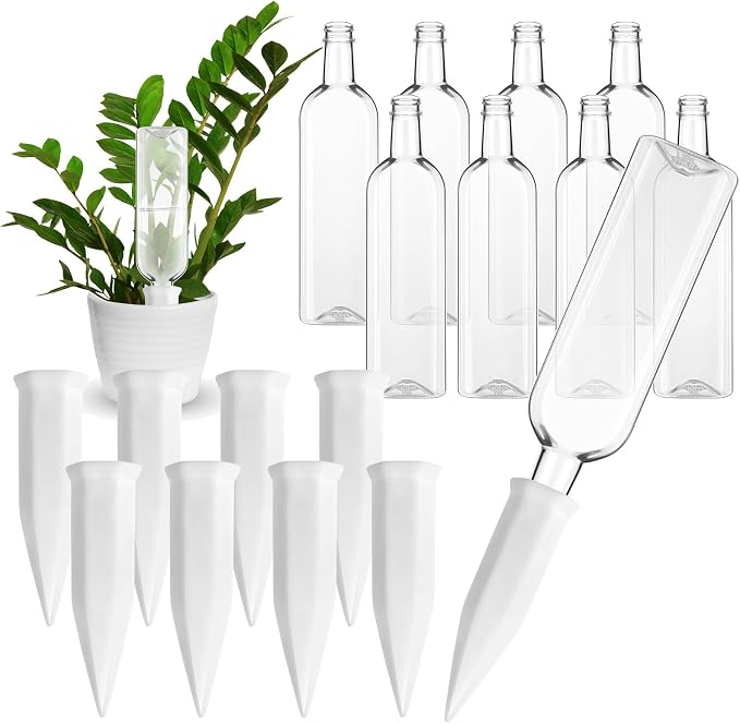 Ziliny 8 Sets White Terracotta Watering Spikes with 25 oz Plastic Bottles Vacation Plant Waterer Self Watering Slow Release Planter for Indoor Outdoor