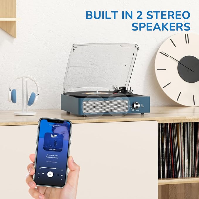Vinyl Record Player with 2 Stereo Speakers Belt-Driven Vintage Turntables 3 Speed 3 Size Wireless Bluetooth Playback AUX-in RCA Out Headphone LP Vinyl Players Auto Stop Frosted Blue