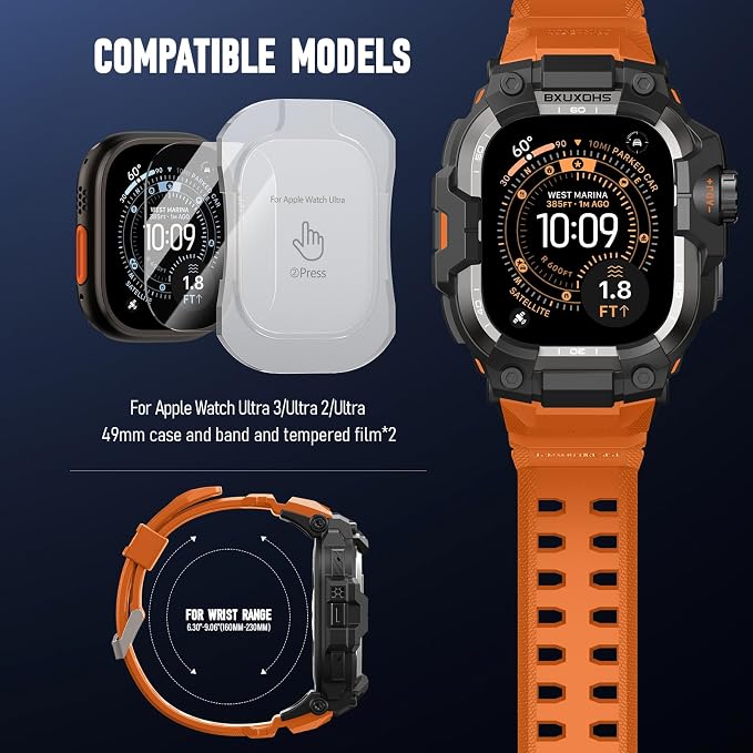 BXUXOHS Rugged Case and Band for Apple Watch Ultra 3/2/1 49mm Men, Military Grade Shockproof Bumper Cover, with 2 Pack Screen Protector, Tactical Band Case for iWatch Ultra 3 2 1 Man, Orange