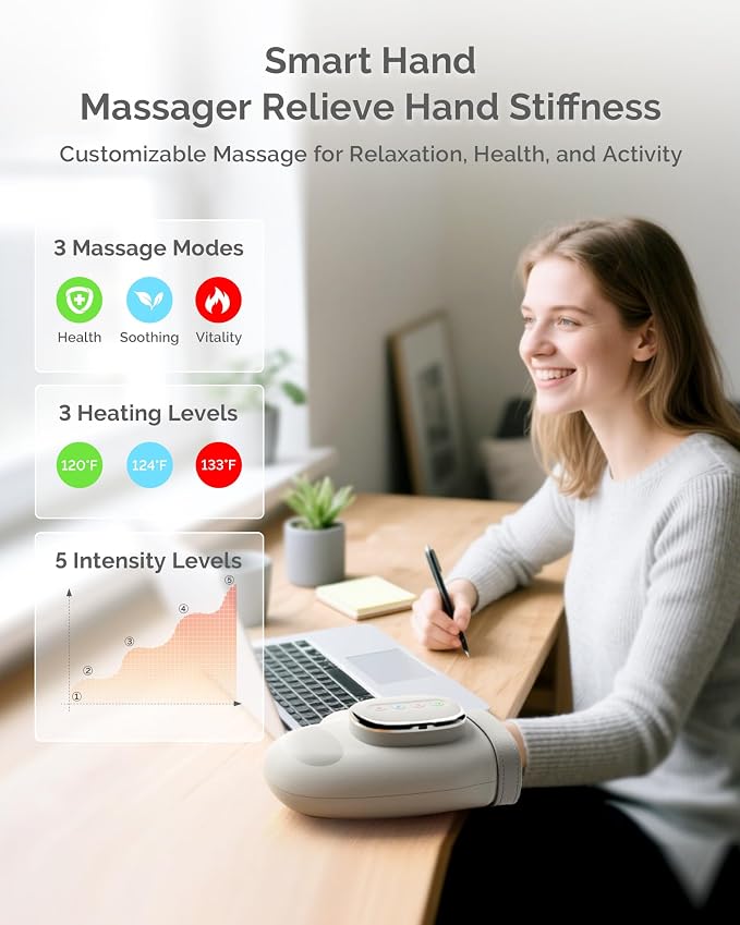 AIRSEE Hand Massager with Heat and Compression for Arthritis Carpal Tunnel Relief, 3 Massage Modes 3 Heating Levels 5 Intensities, Cordless Rechargeable Portable Pain Relief, Gift for Women Men