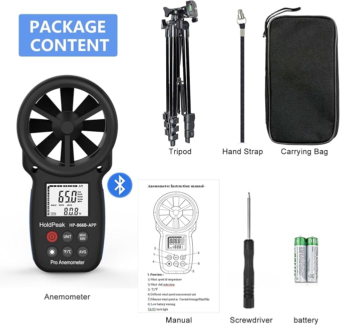 HoldPeak Handheld Anemometer Bluetooth with Tripod, Digital Wind Speed Gauge Meter, Air Flow Velocity Temperature CFM Measuring Device for HVAC Outdoor Sailing Shooting Golf, 866B-APP