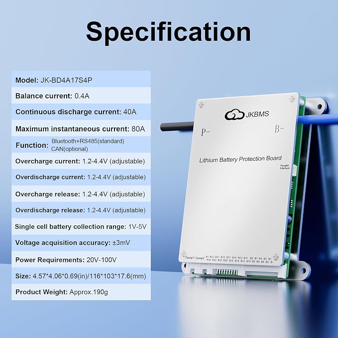 JKBMS Smart BMS 8S-17S 40A Active Balancer JK-BD4A17S4P | JK BMS for LiFePO4 Li-ion LTO batteries with Bluetooth and RS485, 0.4A active balancing and multi protection system