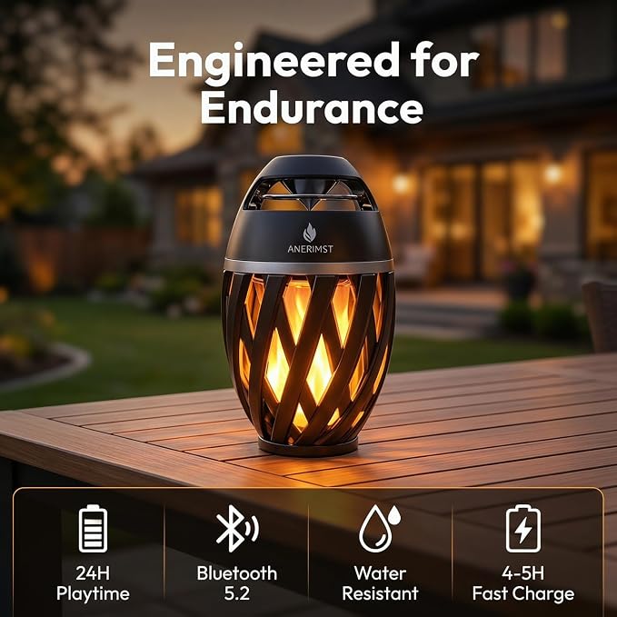 ANERIMST for Dad, Outdoor Bluetooth Speakers with LED Torch Light – Wireless & Waterproof Speaker for Garden, Patio, 360° Sound, 24-Hour Playtime for Men, 2 Pack (Black)