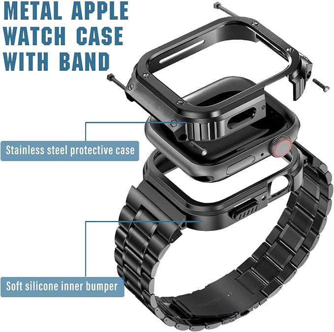MioHHR Stainless Steel Watch Band with Case Compatible for Apple Watch Bands 40/41 mm,Rugged Strap with Metal Protective Bumper Cover for iWatch Series 8/7/6/5/4/SE for Men(Black)