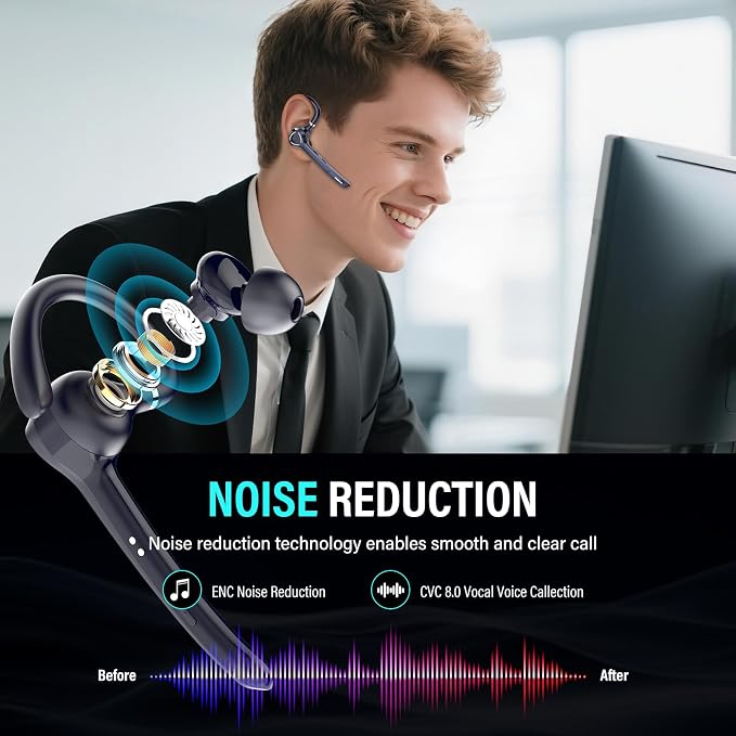 Bluetooth Headset with APTX HD Audio, Wireless Hands-Free Earpiece with CVC 8.0/ENC Dual Mic, Mute Button & Dual Device Connection, 90H Playtime Single-Ear Headphone for Trucker, Business, Navy blue