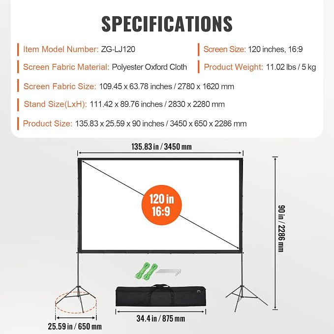 VEVOR Projector Screen with Stand, 120 inch 16:9 4K 1080 HD Outdoor Movie Screen with Stand, Wrinkle-Free Projection Screen with Tripods and Carry Bag, for Home Theater Cinema Backyard Movie Night
