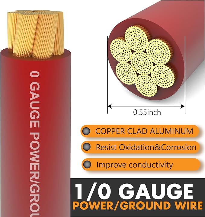 Jeemiter 1/0 Gauge Wire CCA Copper Clad Aluminum (20FT Red) - Battery Cable,Power/Ground Cable for Car Amplifier,Big 3 Upgrade,Auto with Lug Terminal Connectors & 3:1Heat Shrink Tubing