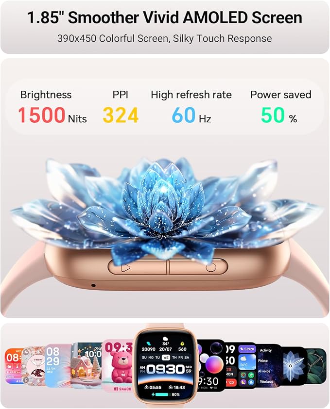 Gydom Smart Watch for Men/Women, 1.85" AMOLED Screen Fitness Watch for iPhone/Android, Activity Tracker with Heart Rate/Sleep/SpO2, Answer/Make Call, 3ATM Waterproof, 120+ Sport Modes, AI Voice, Pink