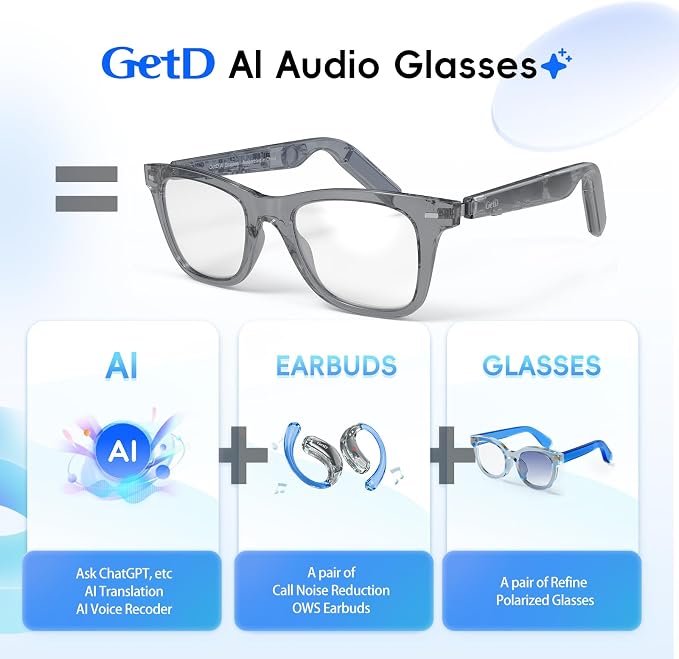 GetD AI Glasses for Men & Women, Smart Glass Powered by ChatGPT, AI Real-time Translation with 145 Languages, 11H Music Play, Bluetooth Glasses with Anti-Blue Light Lens for Daily Use, Travel