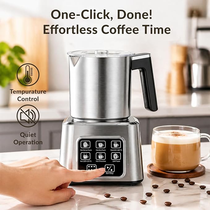 Electric Milk Frother and Steamer, 6-in-1 Automatic Milk Frother Machine with 500ml Milk Warmer, Hot & Cold Froth for Coffee, Latte & Hot Chocolate, Stainless Steel