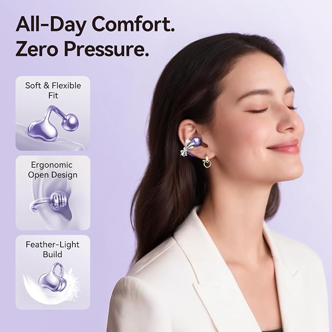 Kinglucky Open-Ear Clip-On Earbuds with Jewelry Bow Earrings, Purple | Lightweight & Comfortable Fit, Fashionable Design for Women, Ideal for Work, Running, Daily Wear