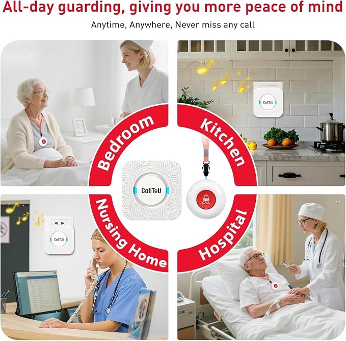 CallToU Caregiver Pager Wireless Call Button Nurse Alert System 500+ Feet for Home/Elderly/Patient/Disabled 2 Plugin Receiver 2 Waterproof Transmitter 1 Watch Transmitter