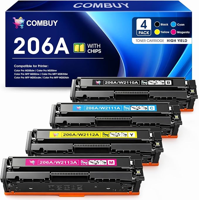 206A Toner Cartridges 4 Pack M283fdw M283cdw Compatible for HP 206A 206X Color LaserJet Pro MFP M283fdw M283cdw M255dw M282nw M283fdn M255nw M283 M282 M255 Toner with Chip Black Cyan Yellow Magenta