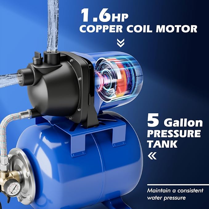Goplus 1.6HP Shallow Well Pump with Pressure Tank, 1000GPH-5Gal Automatic Water Booster Jet Pump for Water Supply System, Irrigation Water Pump for Home, Garden & Lawn, 1200W (Blue)