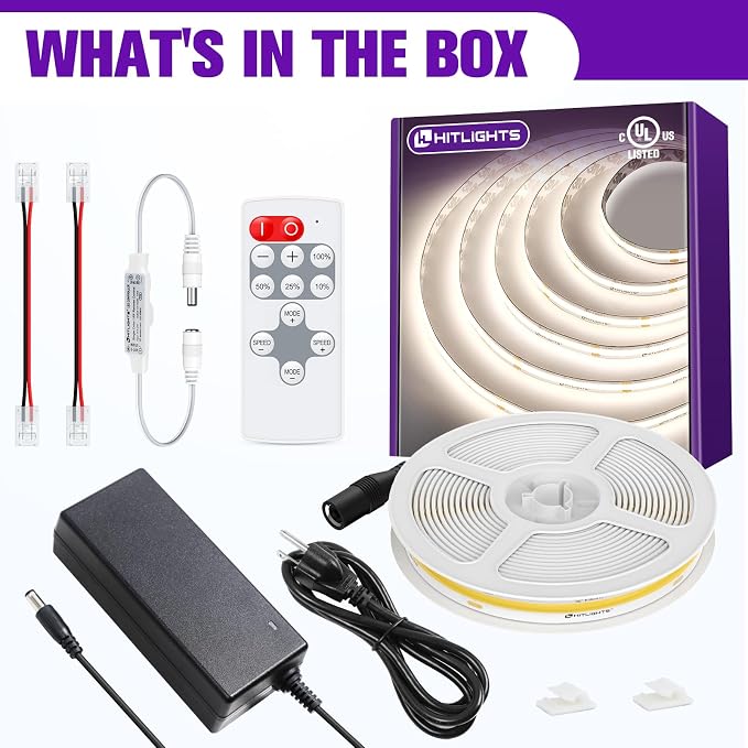HitLights COB White LED Strip Lights Kit with Remote & 24V Power Supply, 16.4ft Dimmable Tape Light 4000K, 2560LEDs, 350+ LM/FT, UL Listed, Flexible Rope Lights for Bedroom, Kitchen, Cabinet Lighting